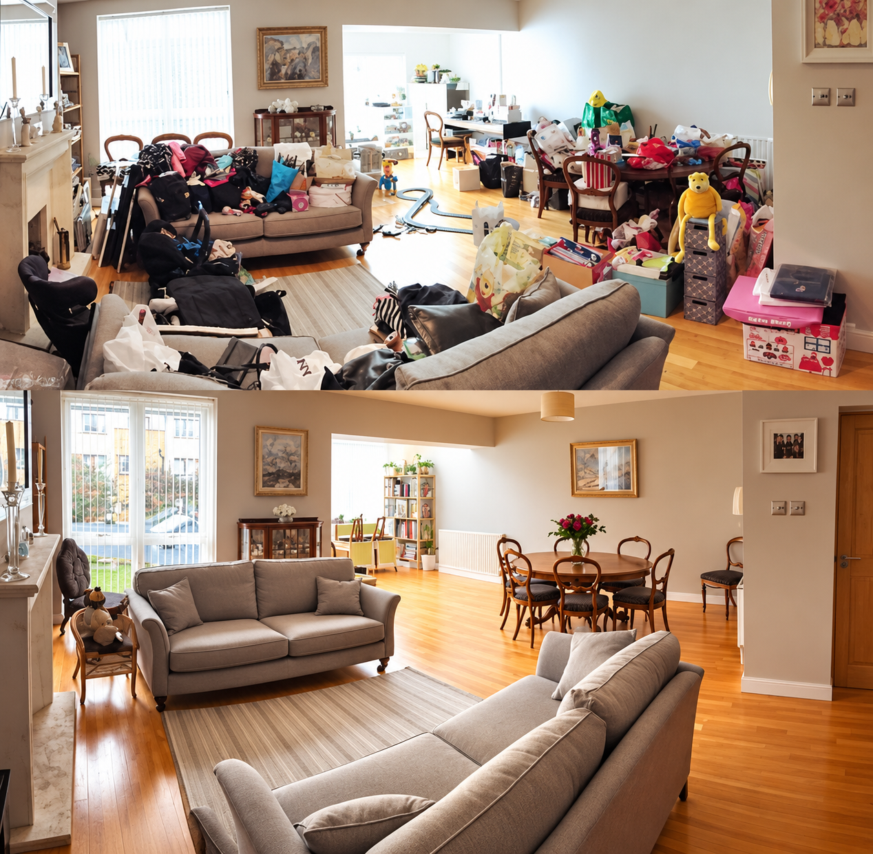 Before-and-after photos showing a cluttered living room transformed into a tidy space