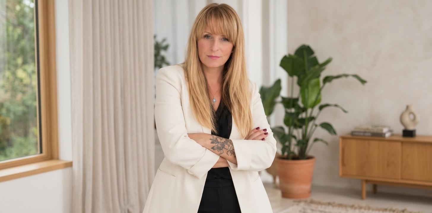 Woman with long hair and tattoos stands confidently in a modern, bright interior