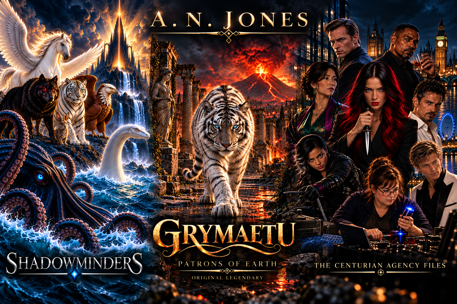 Fantasy artwork featuring mythical creatures, characters, and iconic landmarks from various narratives