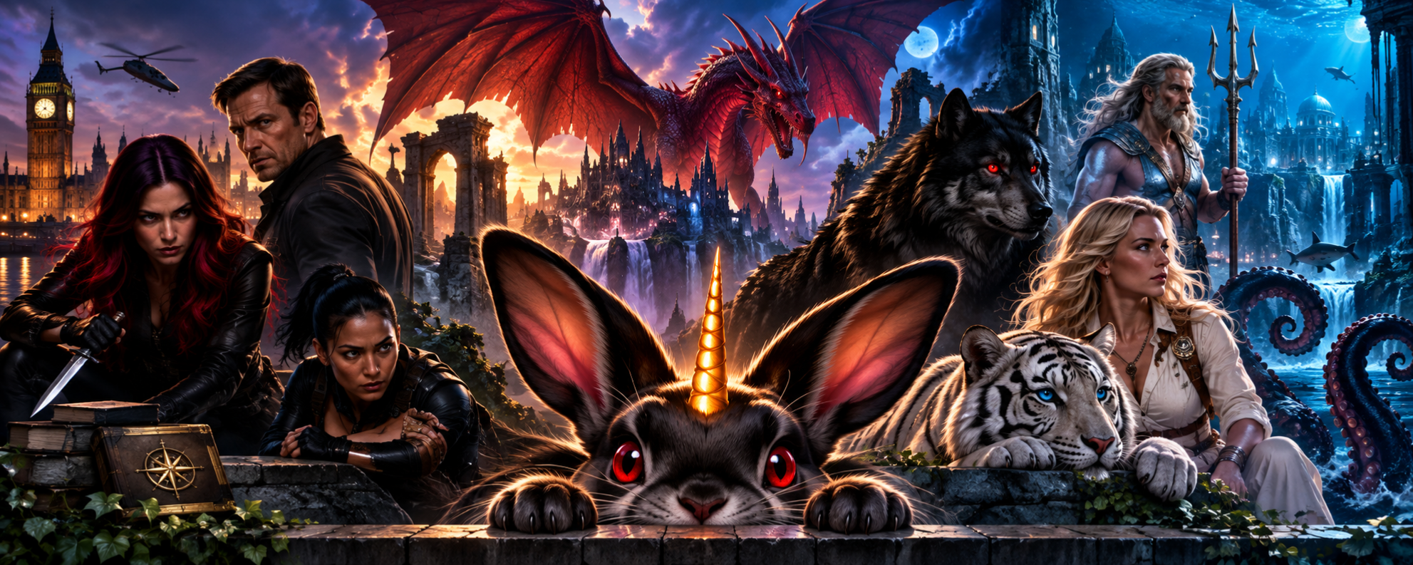Fantasy scene featuring characters and mythical creatures in a mystical city backdrop