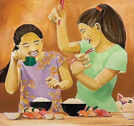 Two girls joyfully sharing sushi, using chopsticks, with bowls of rice in front.