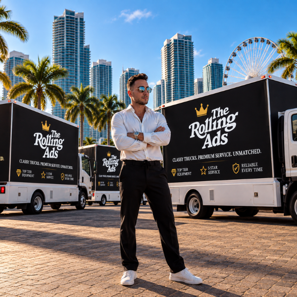 A man stands confidently in front of advertising trucks against a city skyline.