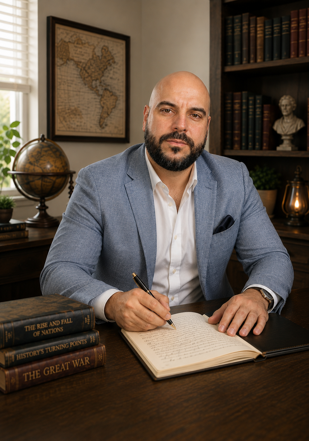 Man in a light blue blazer writing in a notebook surrounded by books