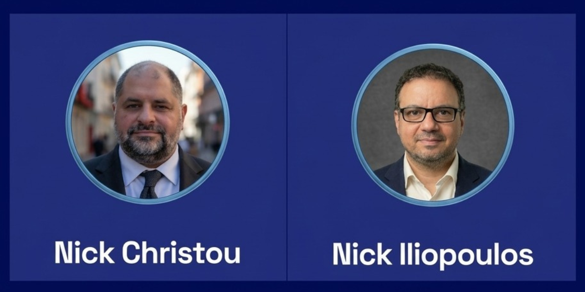 Two professional headshots side by side of men named Nick Christou and Nick Iliopoulos.