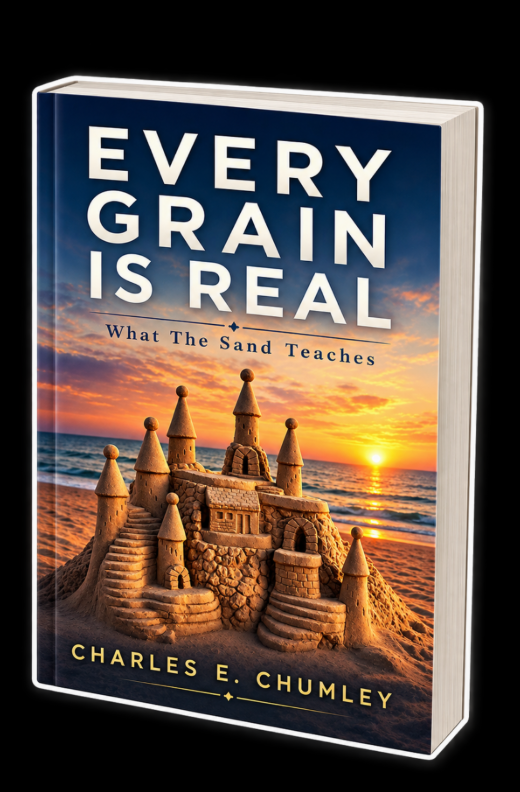 Book cover featuring sand castle with sunset, titled "Every Grain Is Real" by Charles E. Chumley
