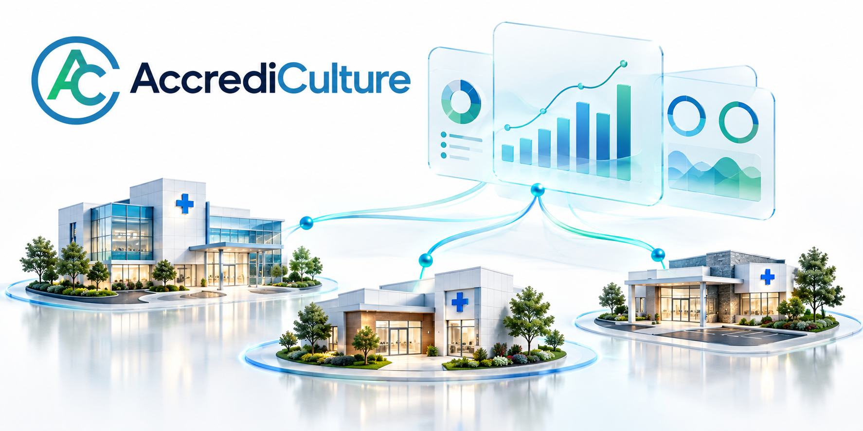 Three modern healthcare buildings connected to data analytics graphics and AccrediCulture logo