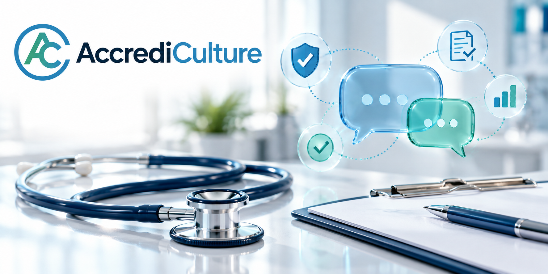 Stethoscope, pen, and notebook with digital icons representing health communication and data.