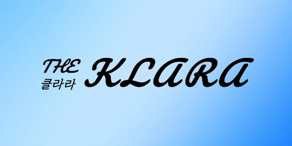 Text graphic featuring "THE KLARA" in stylish fonts on a gradient blue background
