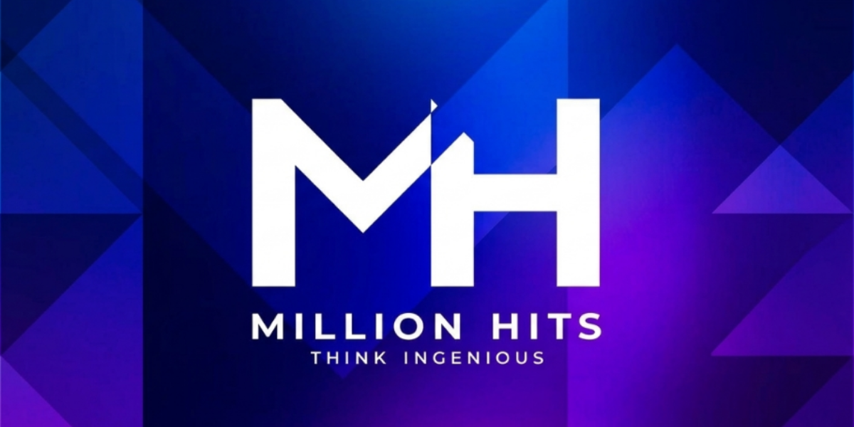 Logo for Million Hits with bold letters and a blue-purple gradient background