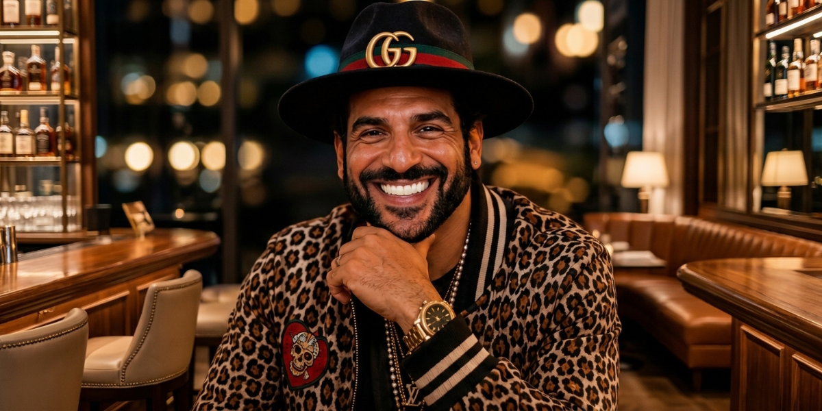 Man smiling in a stylish leopard print jacket and hat indoors with ambient lighting