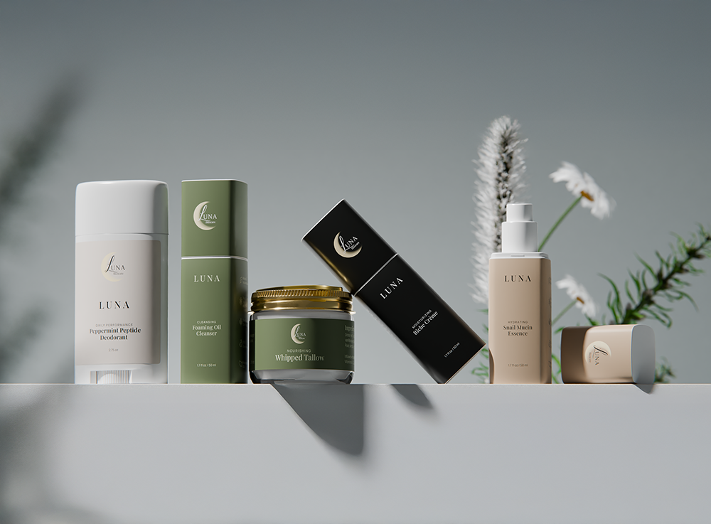 Assorted skincare products displayed on a minimalist white shelf with greenery.