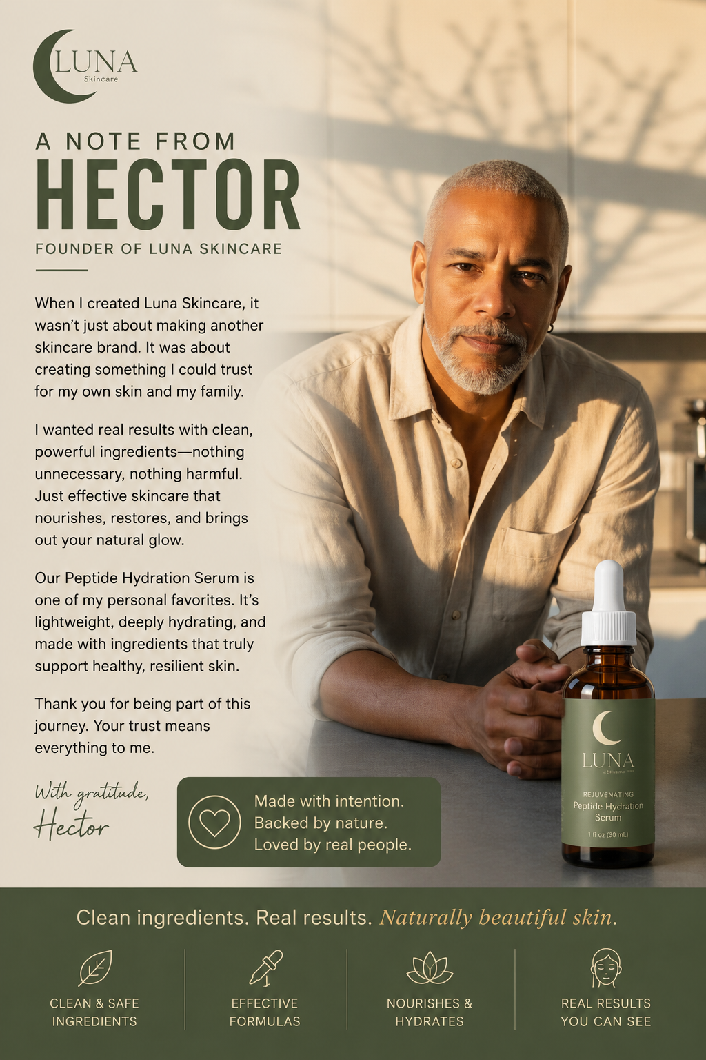 Hector, founder of Luna Skincare, promotes his Peptide Hydration Serum with a natural backdrop