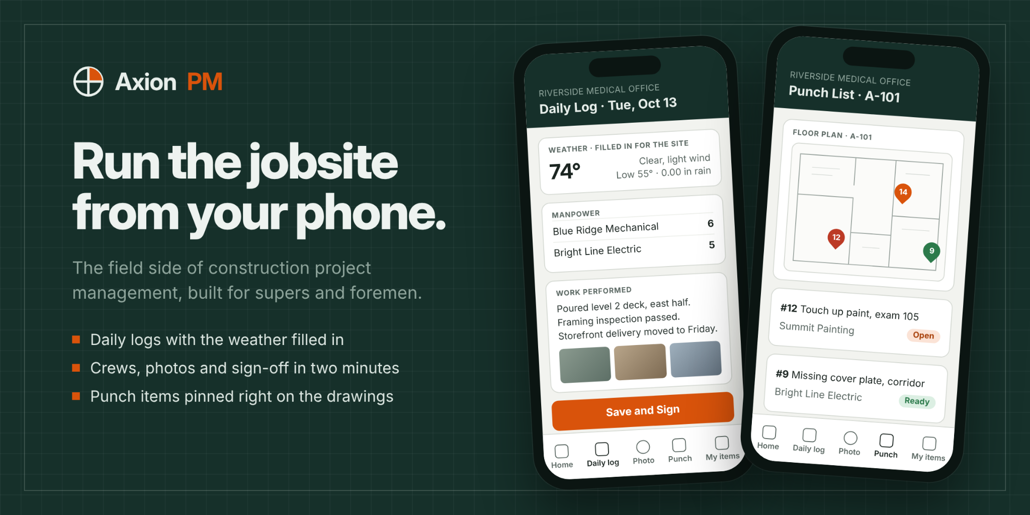 Mobile app interface for construction project management with jobsite features and punch lists