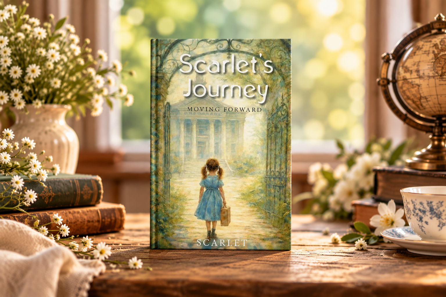 Book cover titled "Scarlet's Journey" with a girl in a blue dress in a garden setting
