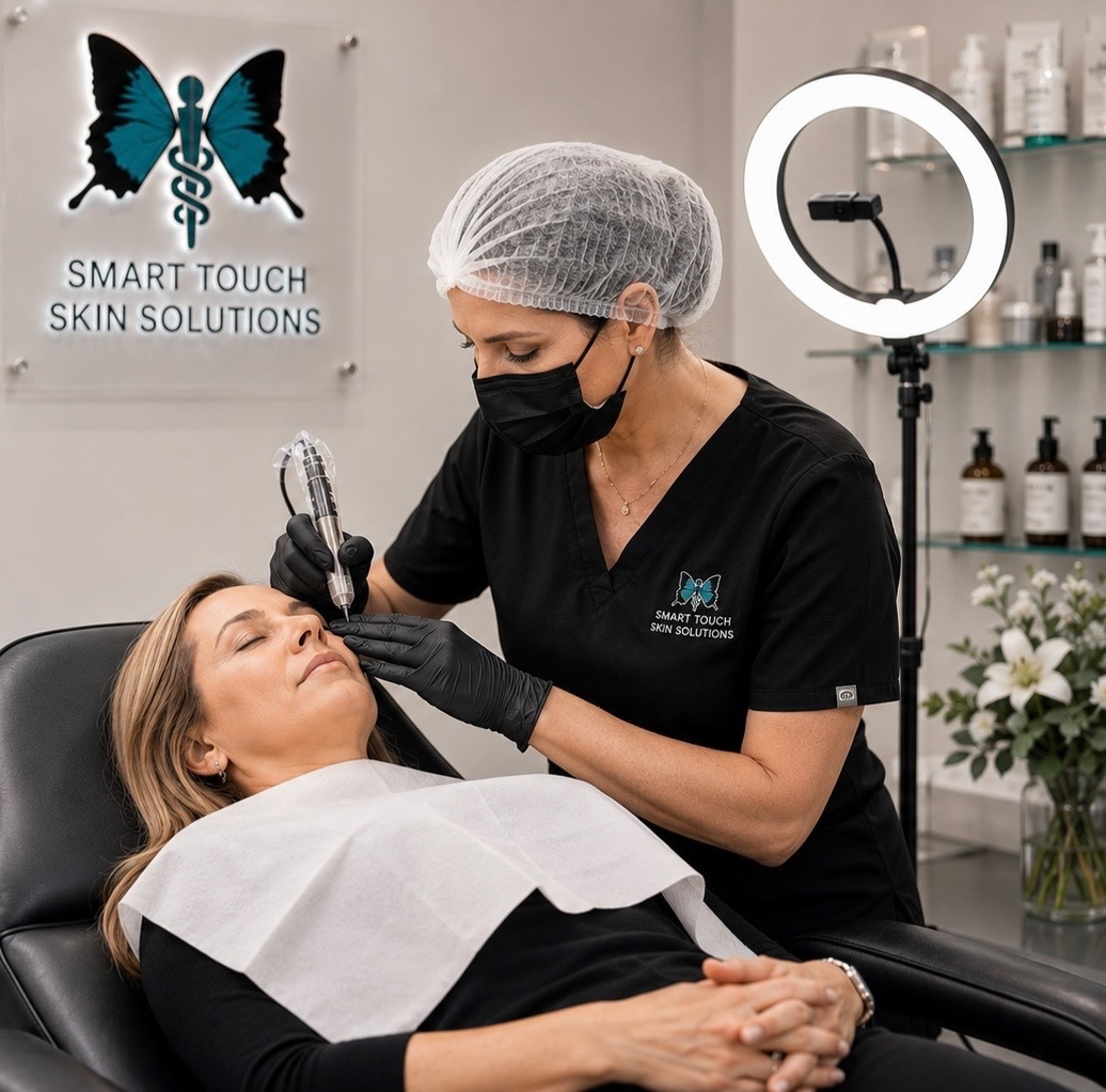A skincare professional performs a treatment on a woman in a clinic setting