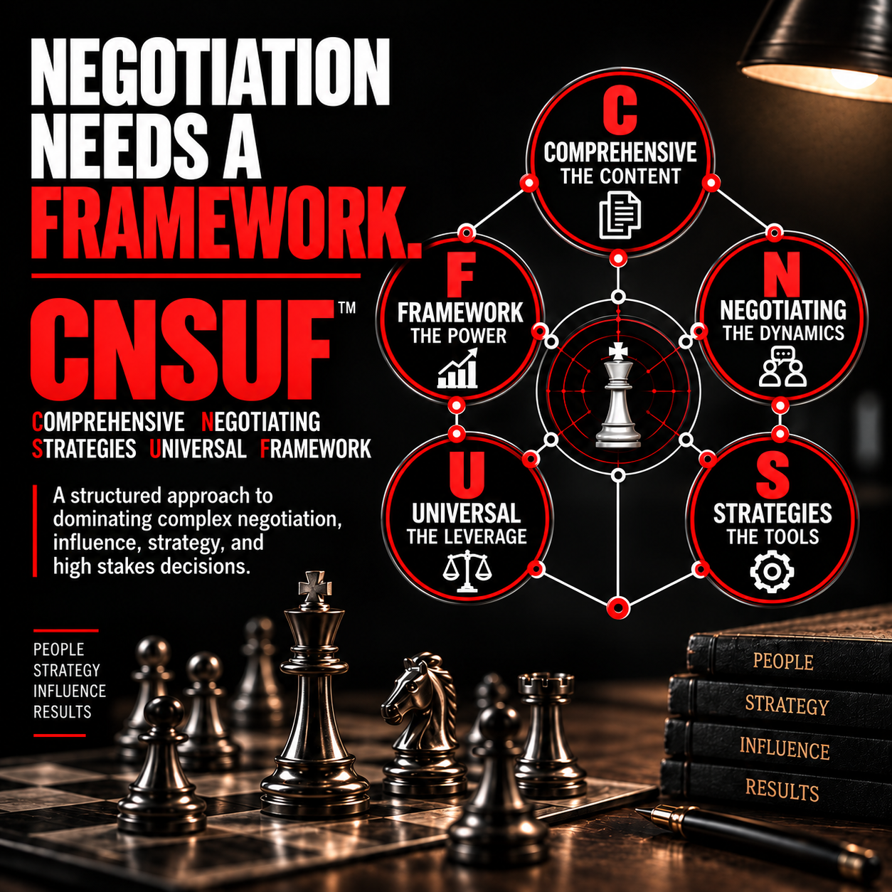Visual representation of the CNSUF negotiation framework with chess pieces and strategic concepts