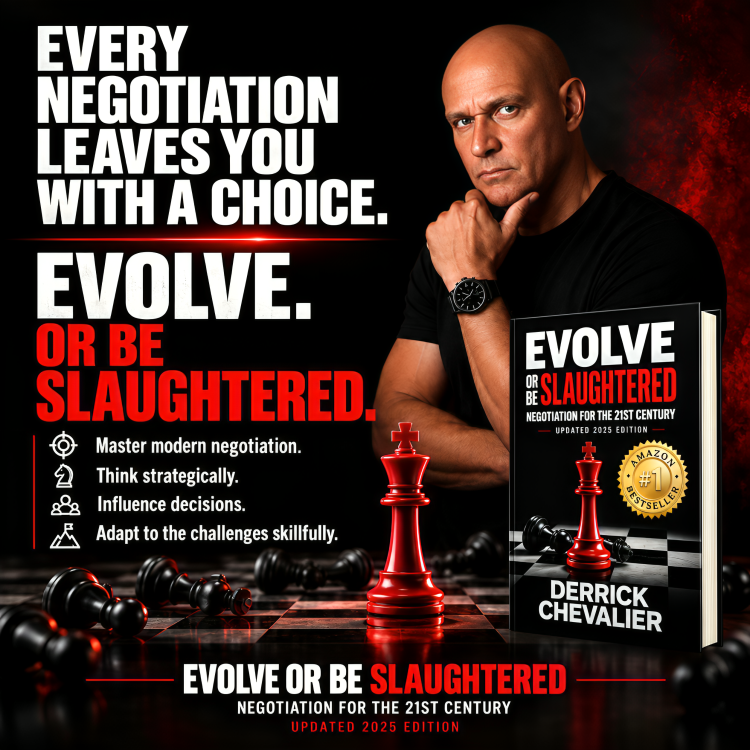 Book cover featuring Derrick Chevalier with a chess theme and negotiation concepts
