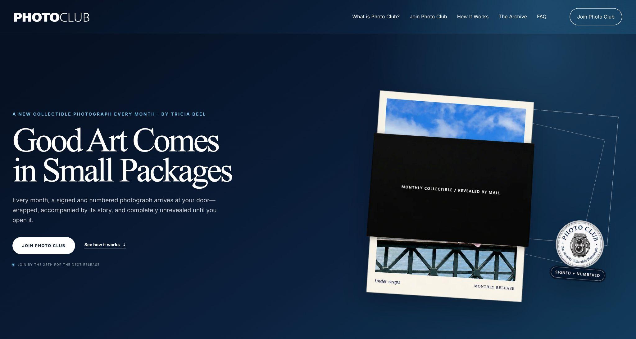 Promotional webpage for a photography subscription service featuring small art packages