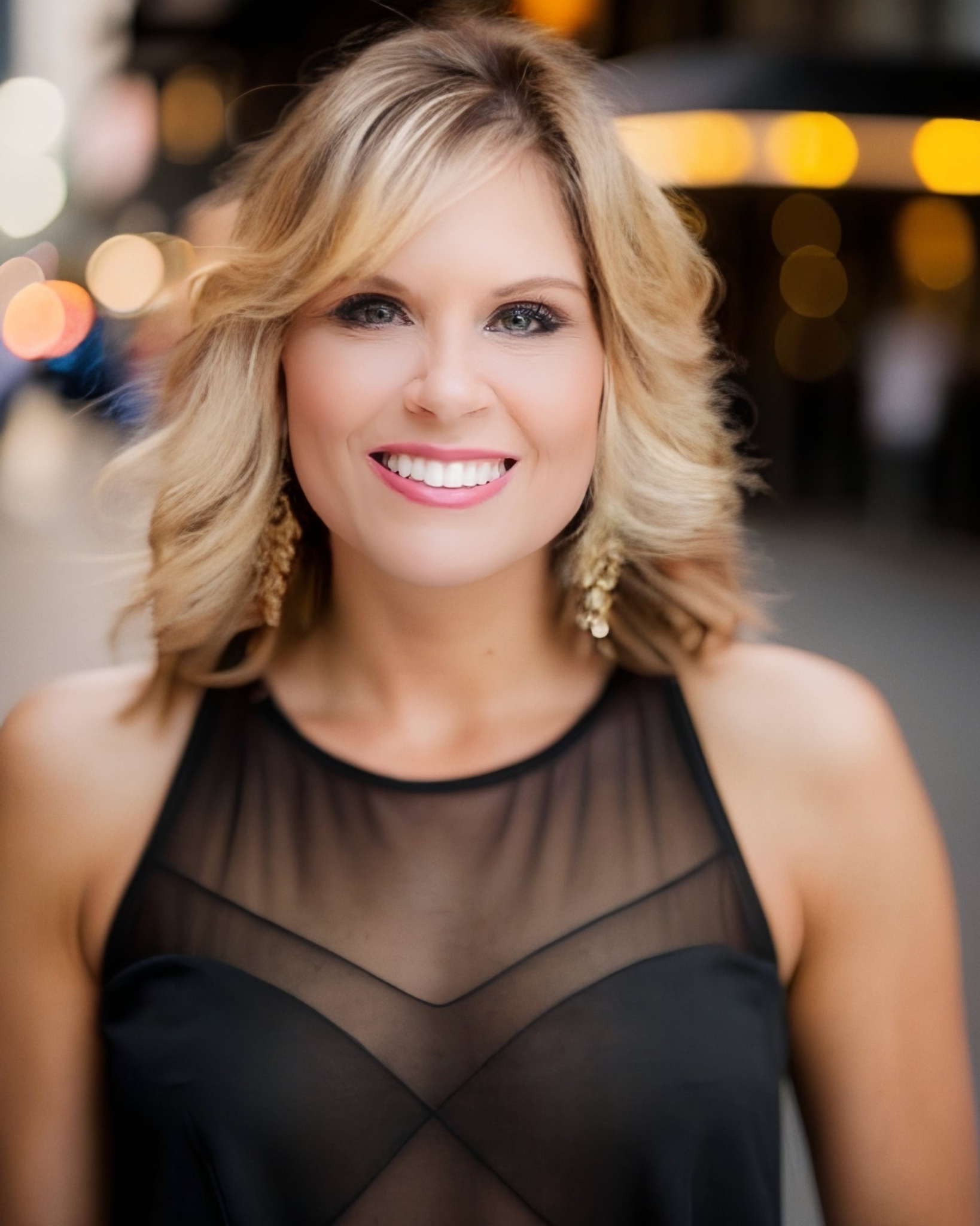 Smiling woman with blonde hair, wearing a black sleeveless top in an urban setting