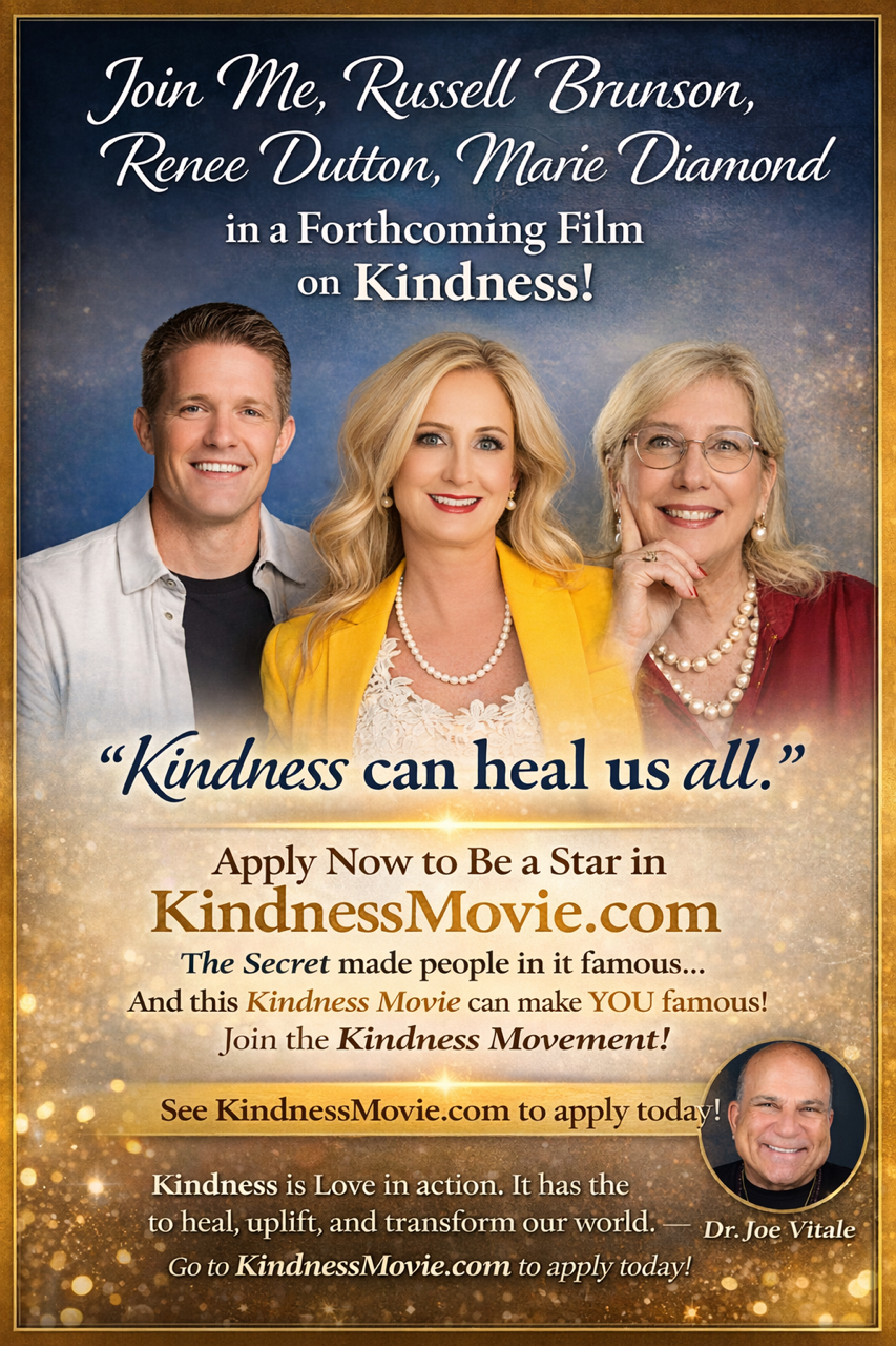 Promotional poster for a kindness film featuring Russell Brunson, Renee Dutton, and Marie Diamond