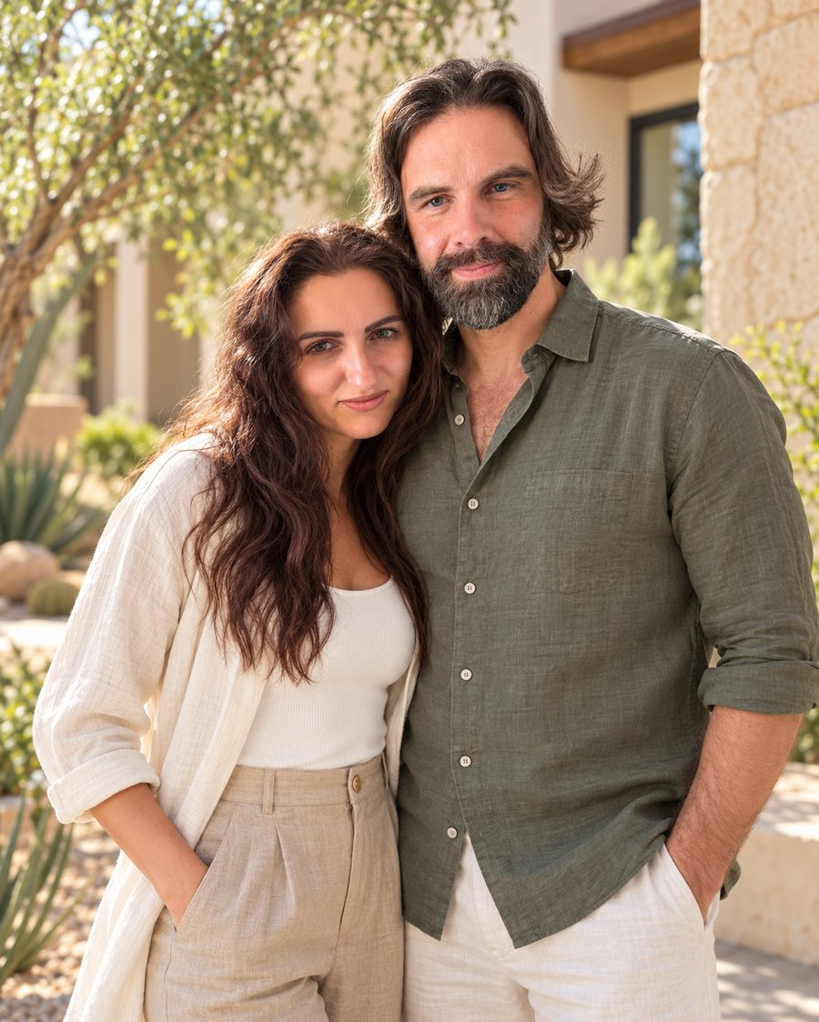 A couple stands together outdoors, smiling, with greenery in the background.