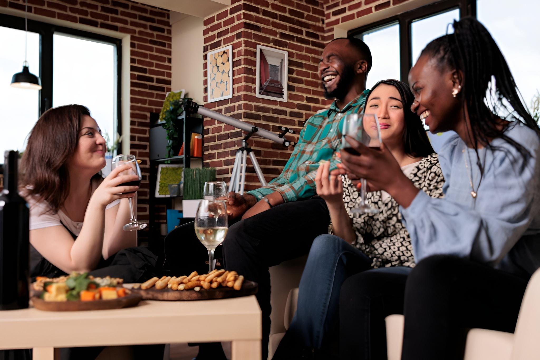 Four friends enjoying drinks and snacks while laughing in a cozy living room