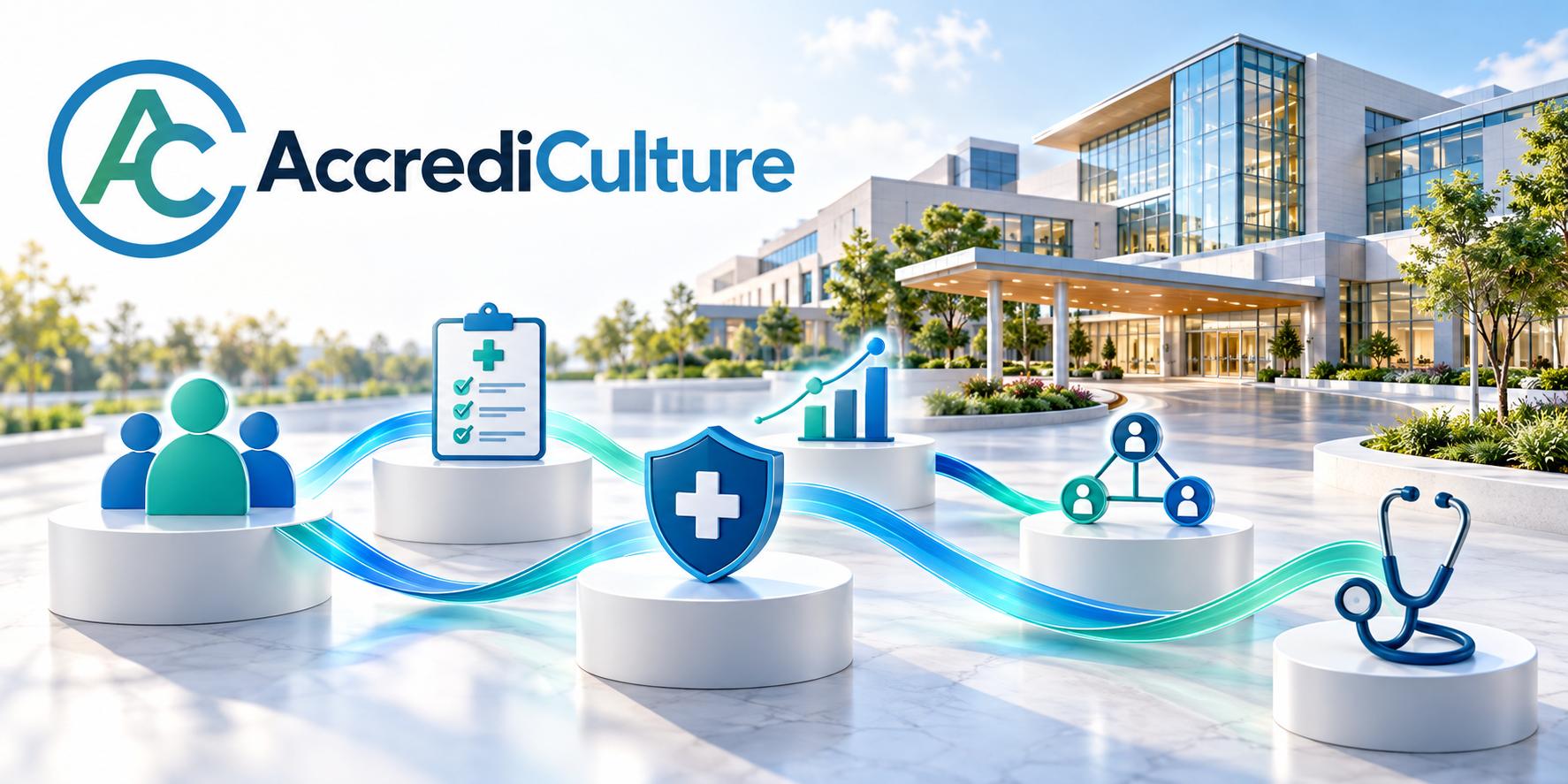 Modern healthcare facility with AccrediCulture logo and connected health-related icons