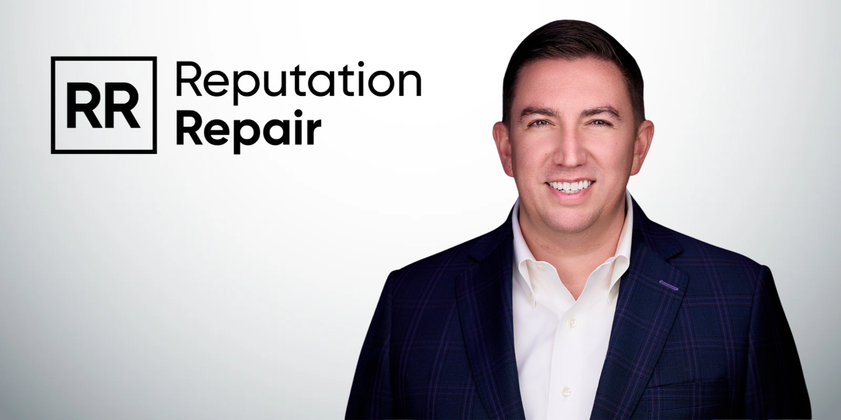Professional man in a suit beside the text "Reputation Repair" and its logo