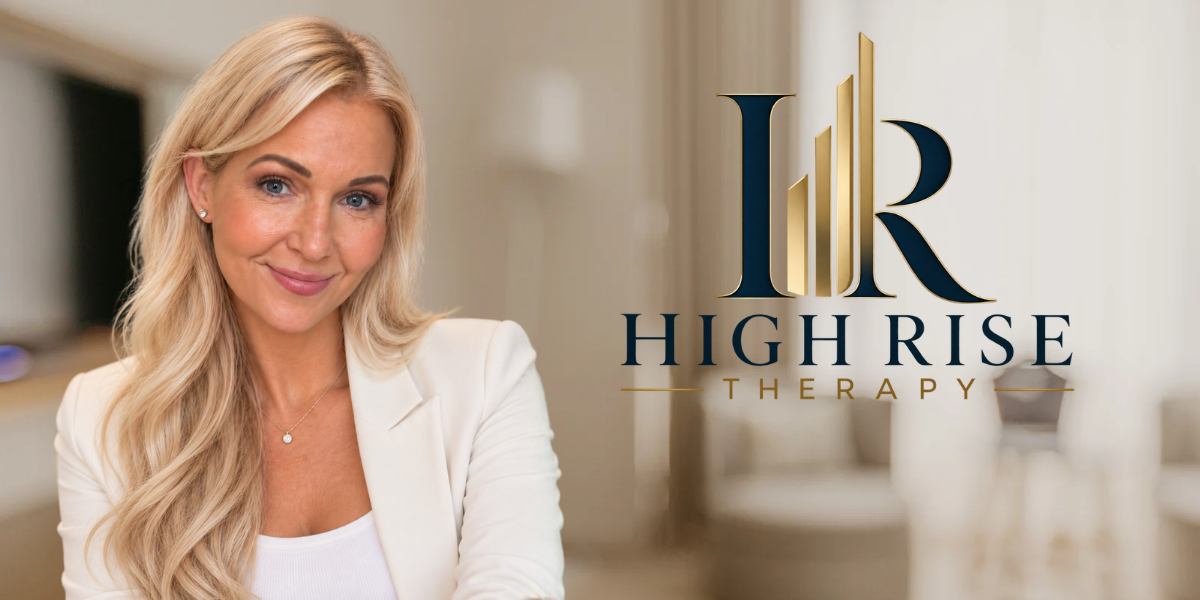 Woman with long blonde hair smiling, logo for High Rise Therapy in the corner