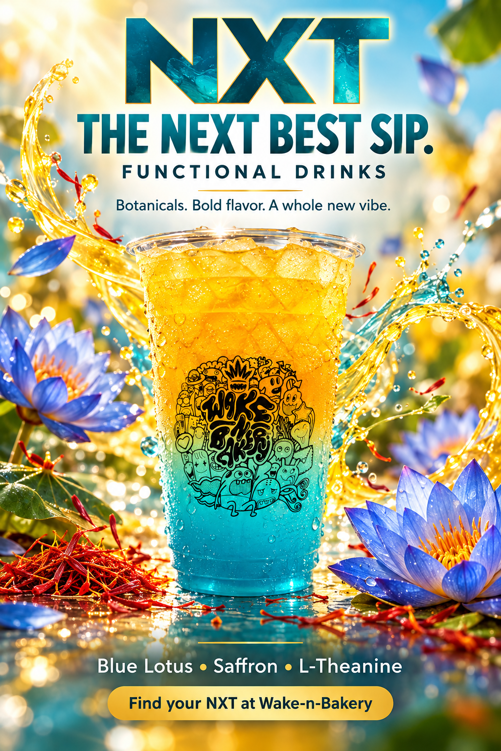 Advertisement for NXT functional drinks featuring vibrant beverage with botanicals and flowers