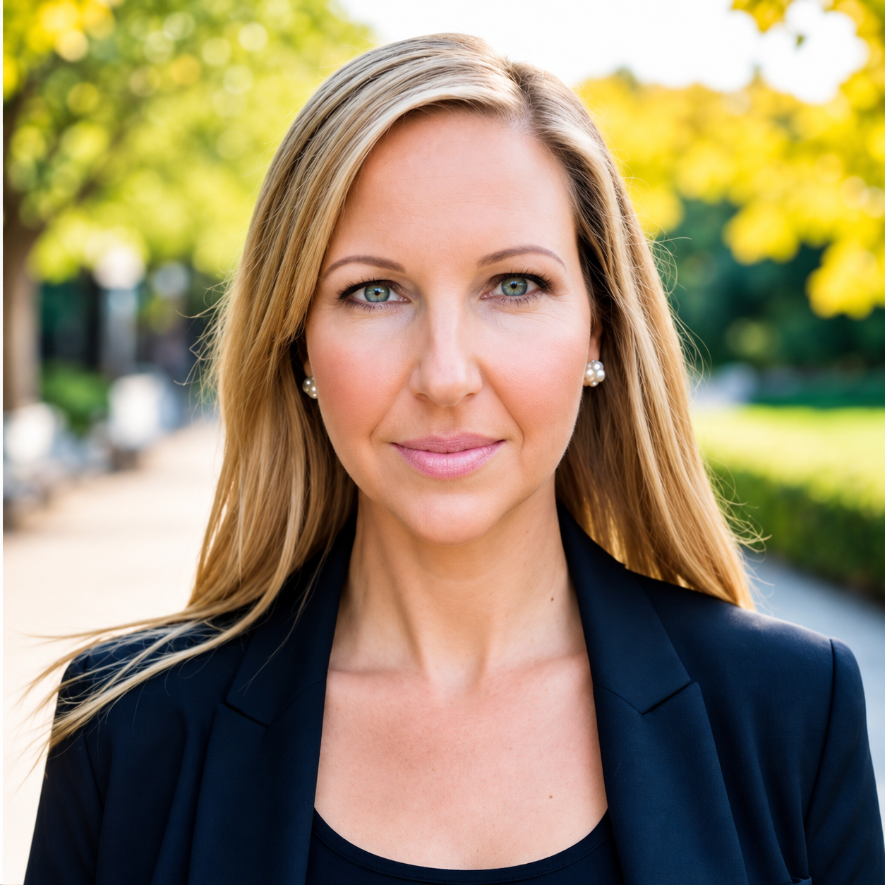 A confident woman in a black blazer stands outdoors, with greenery in the background