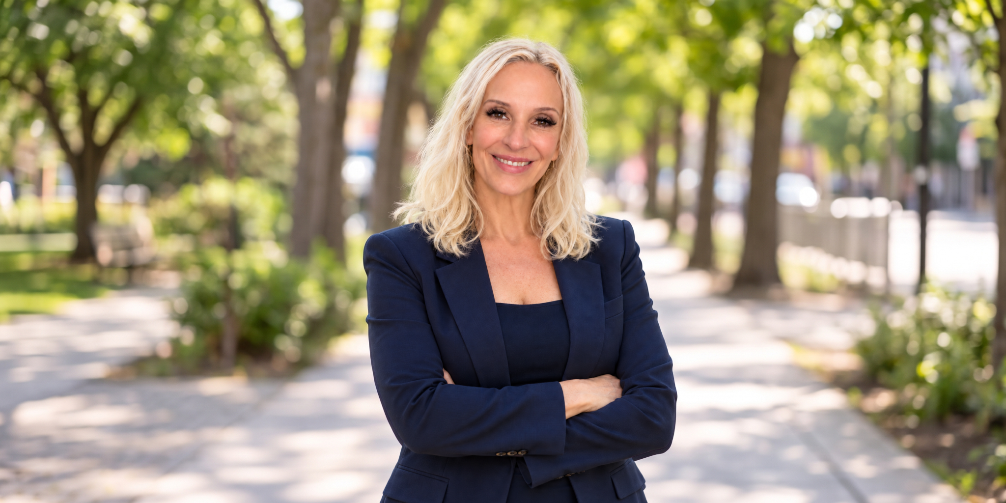 Woman in a navy blazer smiles confidently, standing on a tree-lined sidewalk
