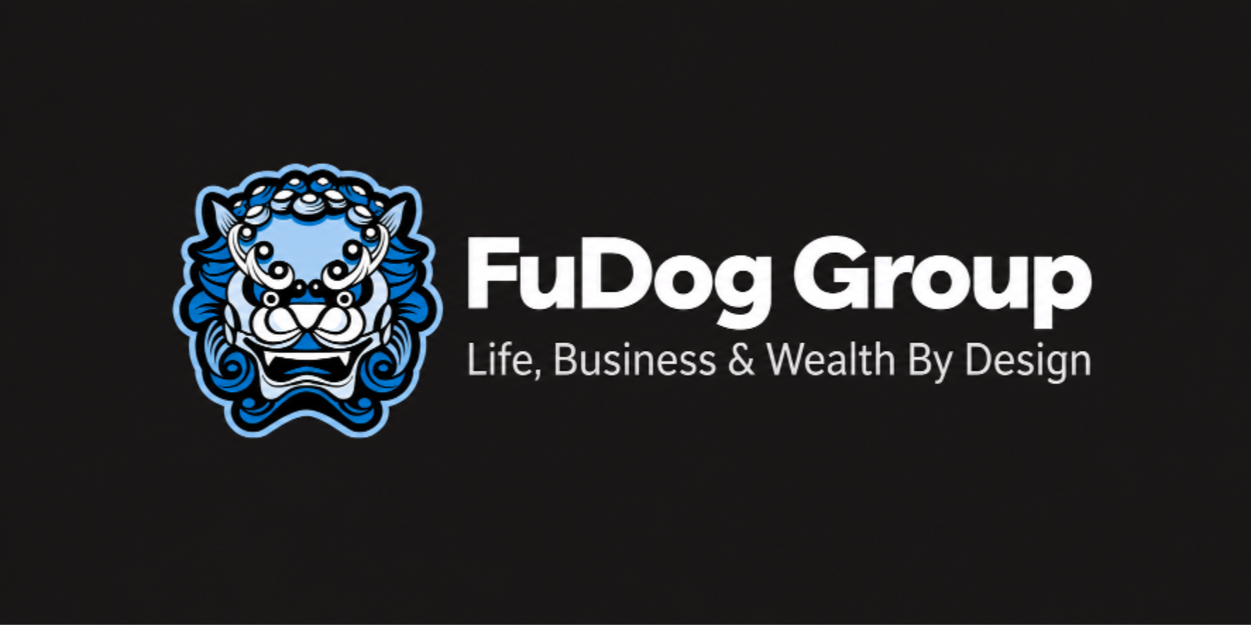 Logo of FuDog Group featuring a stylized dog head and tagline about life and wealth