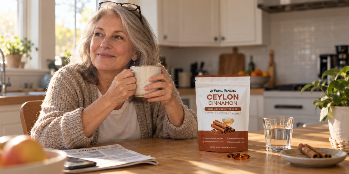 Woman holding a mug, sitting at a kitchen table with cinnamon and a newspaper