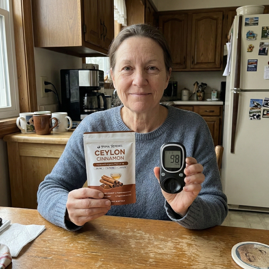 Woman in a kitchen holding a packet of Ceylon cinnamon and a meter showing 98