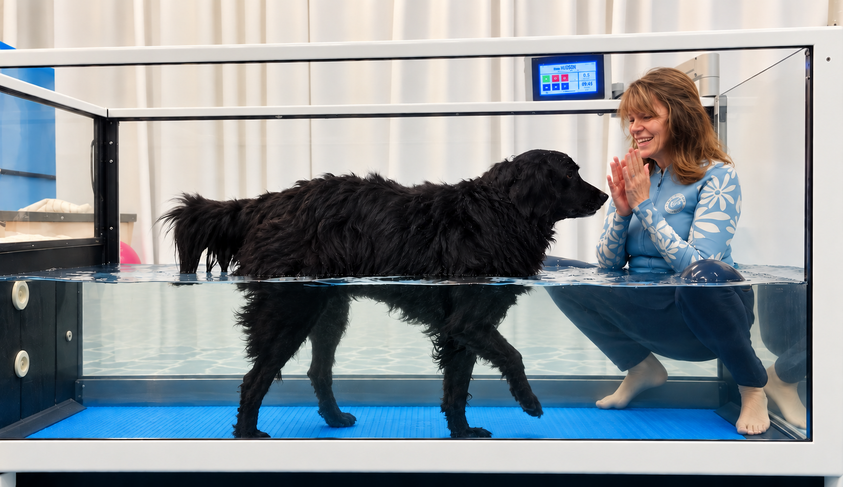 A woman watches and encourages a dog swimming in an aquatic therapy tank
