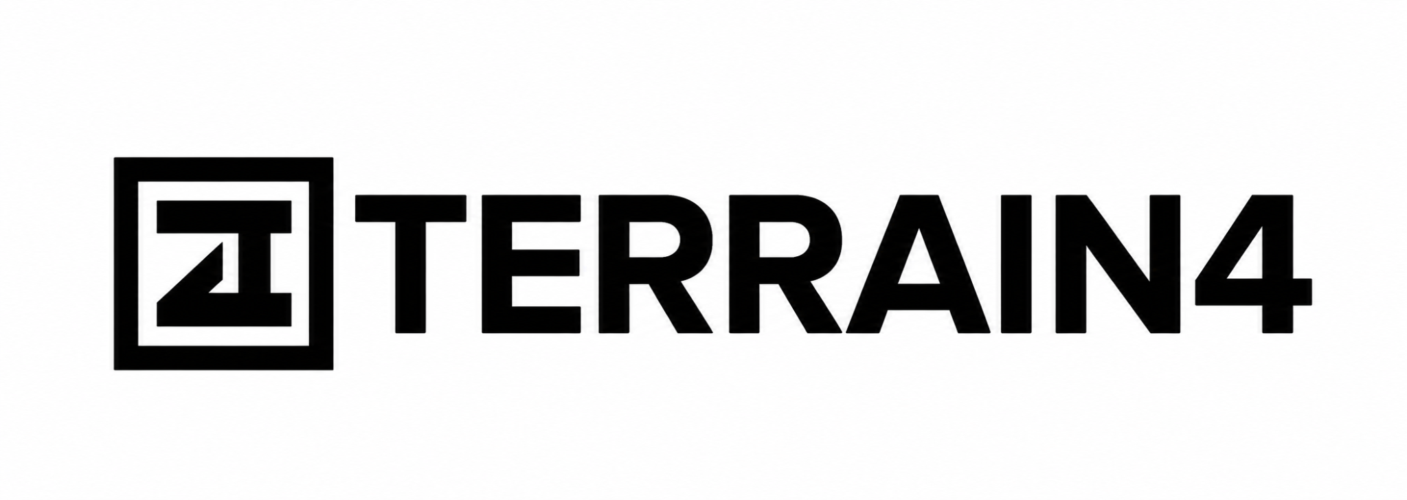Black logo with a frame containing the text "TERRAIN4" and a symbol above.