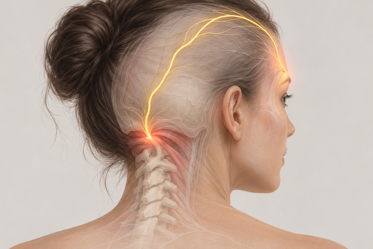 Anatomical illustration showing a woman's neck with highlighted nerve pathways and spine.