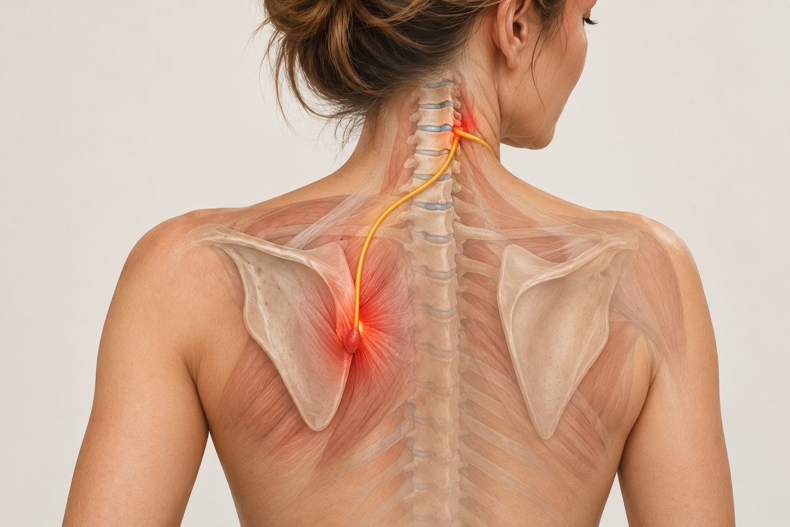 Anatomical illustration showing the spine, shoulder blades, and highlighted nerve pathways.