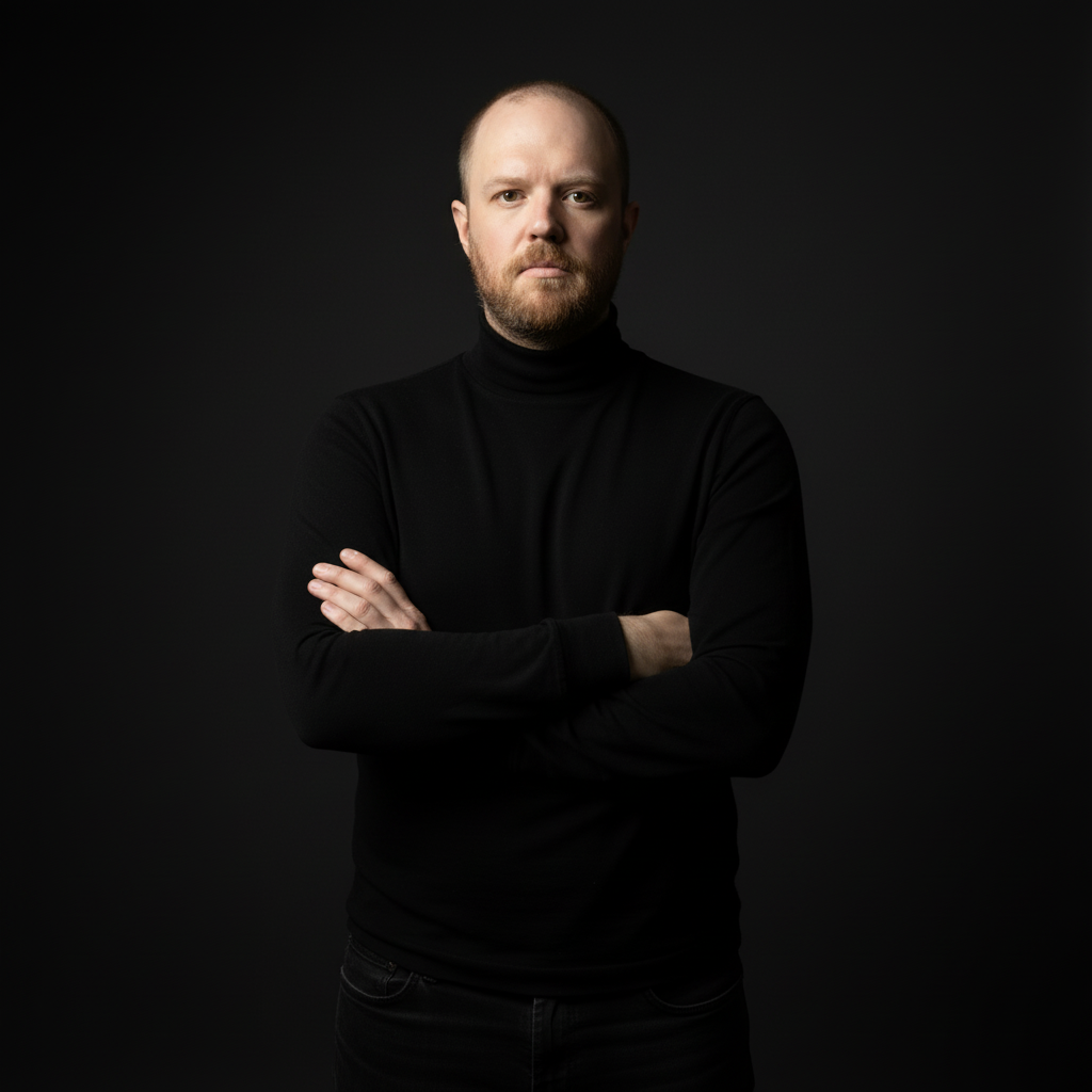 Man in a black turtleneck sweater standing confidently against a dark background