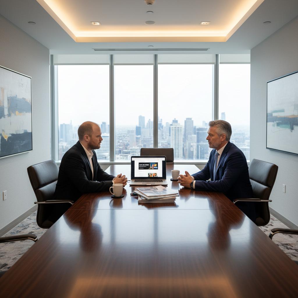Two businessmen in a modern conference room discussing over a table with a laptop.