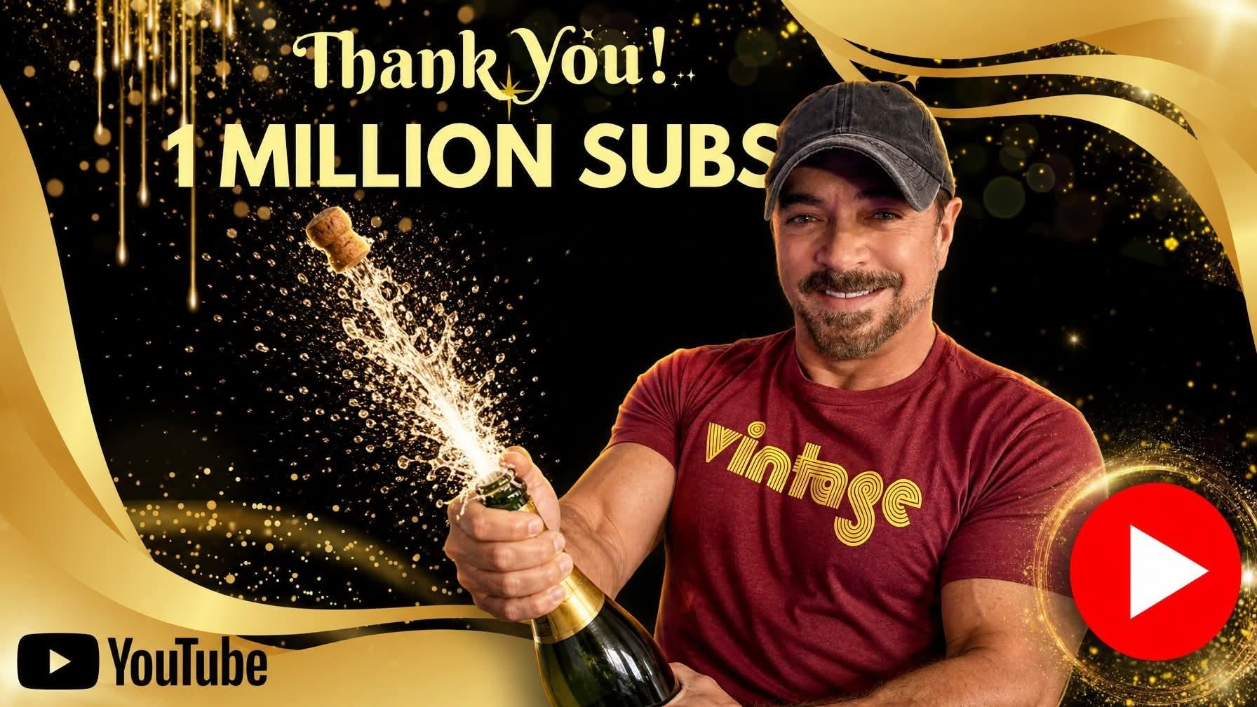 Man celebrating 1 million YouTube subscribers with champagne, wearing a vintage-themed shirt