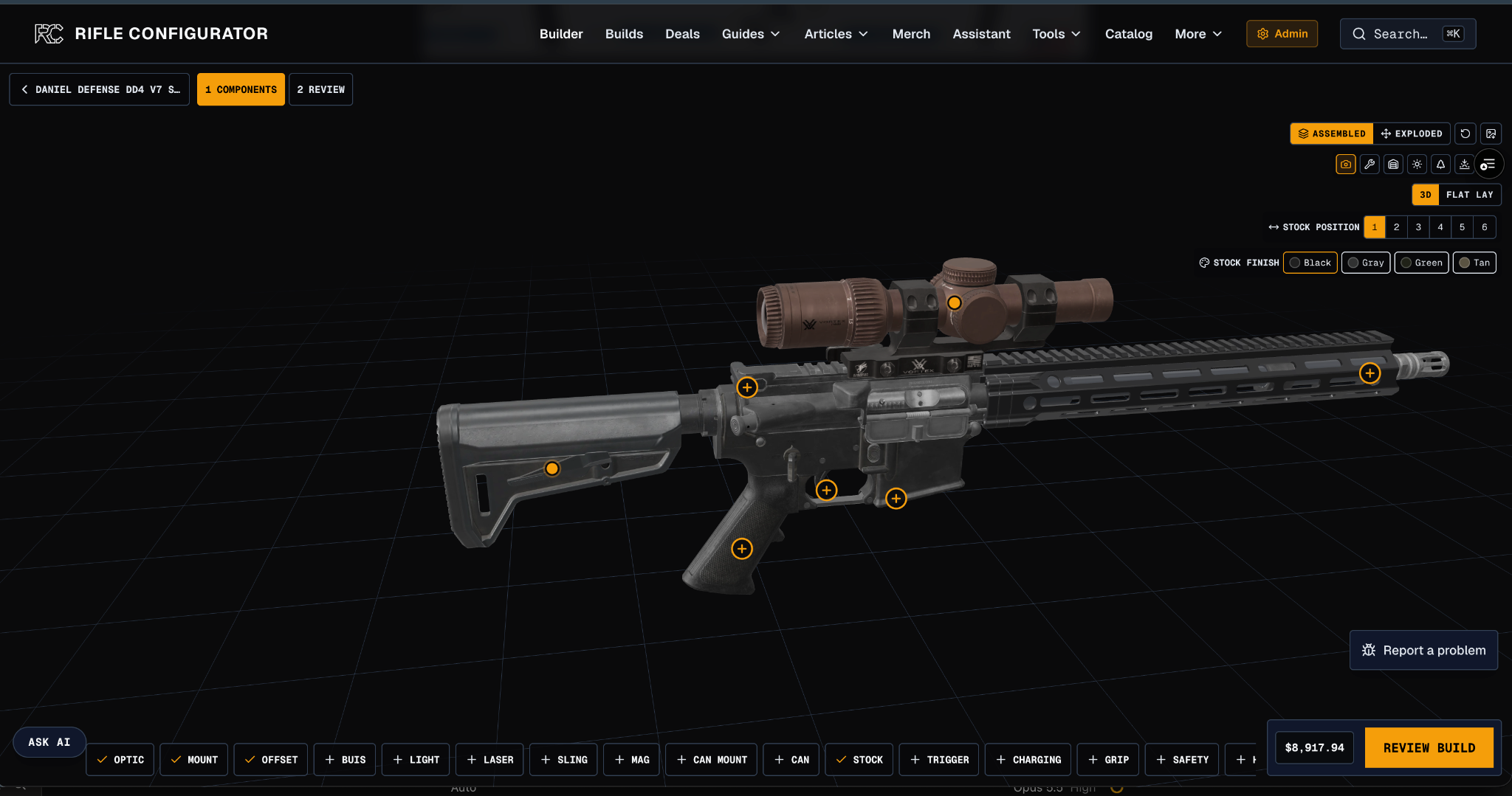 3D rifle configurator displaying a customized rifle with various components highlighted