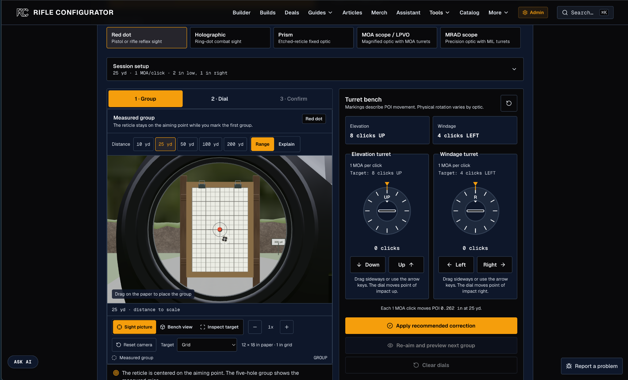 Rifle configurator interface with measurement settings and turret adjustment options displayed.