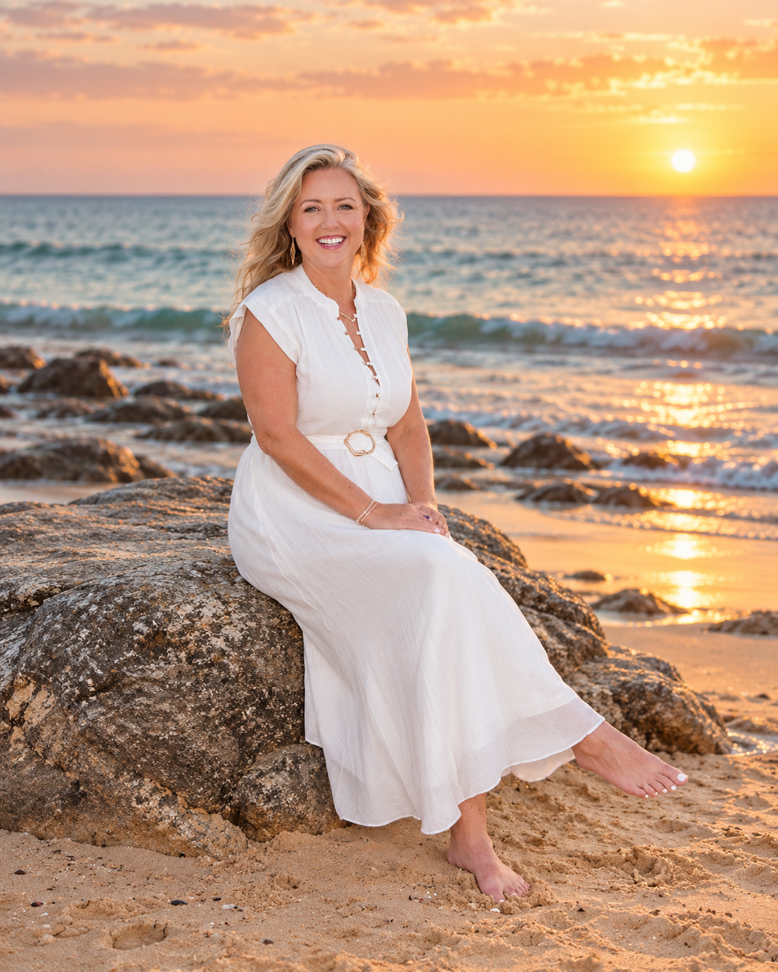 Woman in a white dress sitting on a rock at sunset on the beach