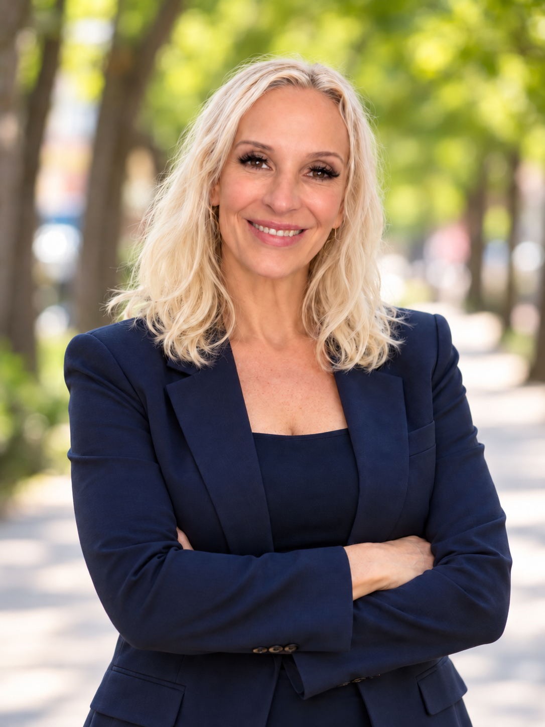 Smiling woman in a navy blazer stands confidently on a tree-lined street