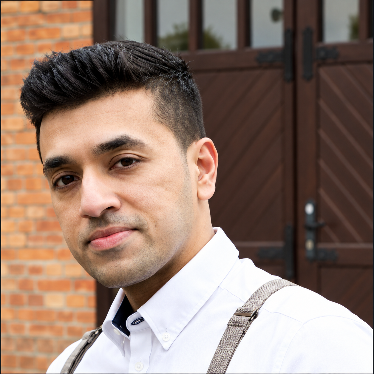 Man in a white shirt with suspenders stands in front of a brick wall