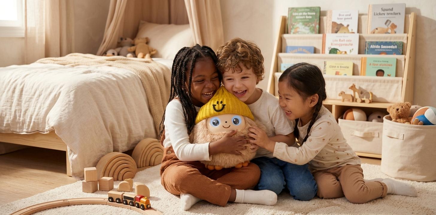 Three children joyfully playing together with a plush toy in a cozy playroom.