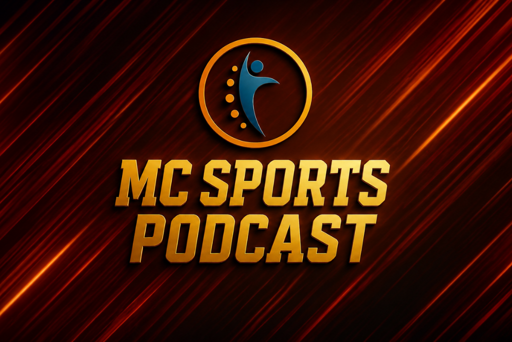 Logo for MC Sports Podcast featuring a dynamic design with golden text on a red background