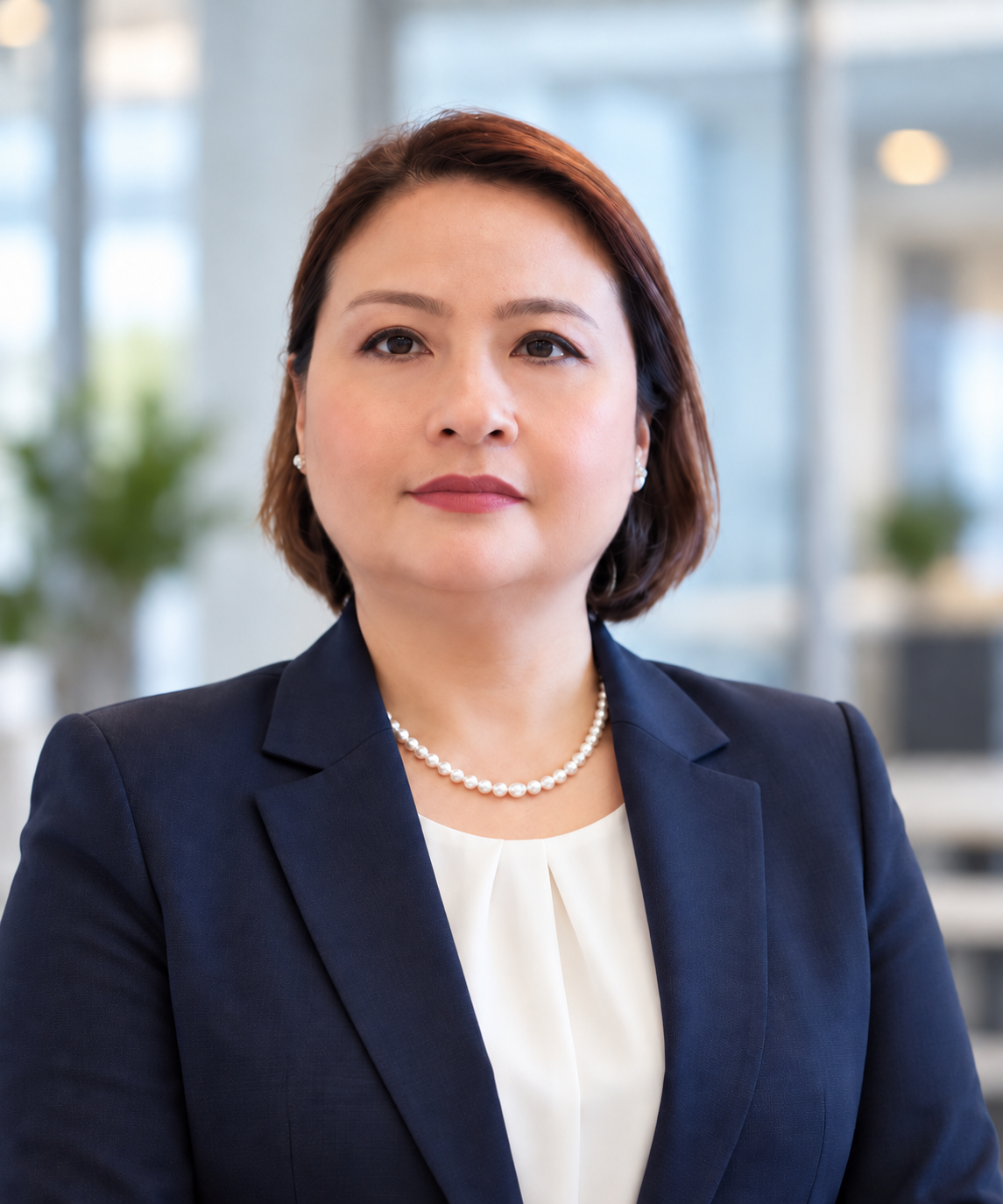 Professional woman in a suit with pearls, posing confidently in an office setting